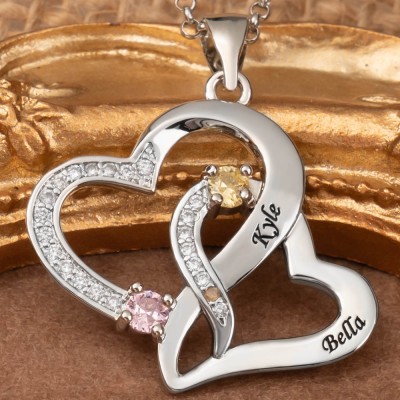 Personalisierte Herzkette mit 2 Namen und Geburtsstein zum Valentinstag