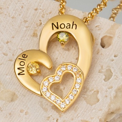 Personalisierte Herzketten mit 2 Vornamen und Geburtsstein als Geschenk zum Valentinstag