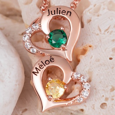 Personalisierte 2-Herzen-Halsketten mit Namen und Geburtsstein als Geschenk zum Valentinstag