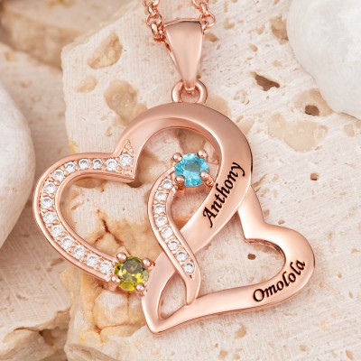 Personalisierte Herzkette mit 2 Namen und Geburtsstein zum Valentinstag