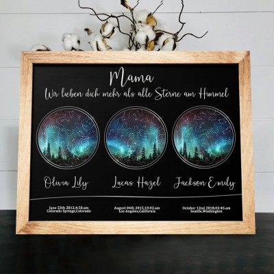 Personalisierte Sternkarte von Datum Nachthimmel Konstellation Holz Zeichen für Mama Muttertagsgeschenk