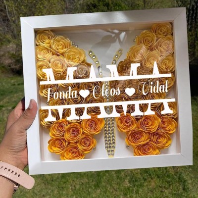 Personalisierte Mama Schmetterling Blume Schatten Box mit Kindern Namen für Muttertag