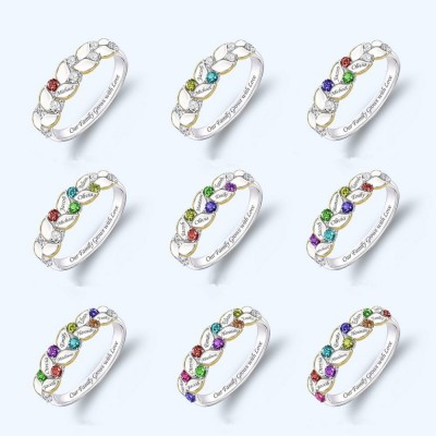 S925 Silber personalisierter Geburtsstein Familienring Geschenk mit 1-9 Namen