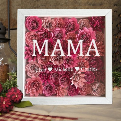 Personalisierte Mama Blume Schatten Box mit Kindern Namen für Muttertag