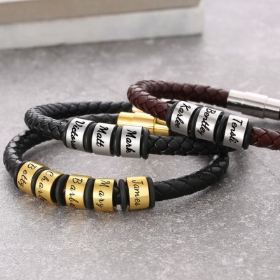 Personalisierte 1-10 Perlen Gravur Name Braunes Lederarmband Geschenke für Ihn