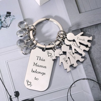 Personalisierte Kinder Liebesnamen Schlüsselanhänger Tag mit 1-12 Charms und Geburtssteinen