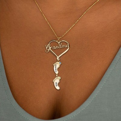 Personalisierte Oma Herz Baby Füße Anhänger Geburtsstein Namenskette mit 1-10 Charms