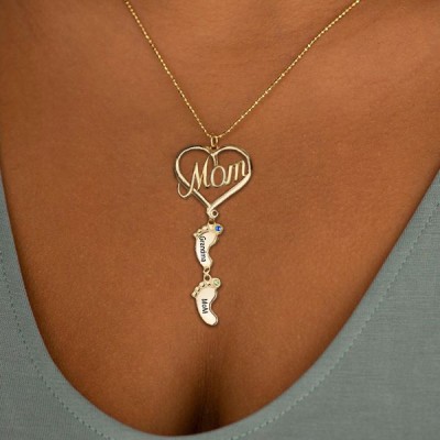 Personalisierte MOM Herz Baby Füße Anhänger Geburtsstein Namenskette mit 1-10 Charms