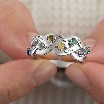 S925 Silber personalisierter gravierter 1-8 Familiennamen und Geburtsstein Ring für Muttertagsgeschenke