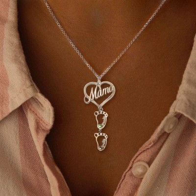 Silberne personalisierte Mama Herz Anhänger Geburtssteine ​​Namenskette mit 1-10 hohlen BabyFeet Charms