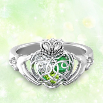 S925 Sterling Silber Personalisierter Käfig Herzen Keltischer Claddagh Ring mit 1-6 Geburtssteinen