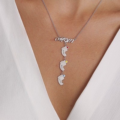Personalisierte BabyFeet Mama Namenskette mit Geburtssteinen 1-10 Charms Anhänger