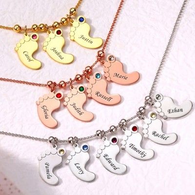 Personalisierte 1-6 Babyfüße gravierbare Charms Namenskette mit Geburtsstein