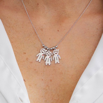 Silberne personalisierte Familie 1-10 Kinder Charms Name gravierte Halskette mit Geburtsstein