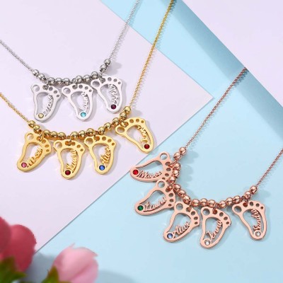 Personalisierte 1-10 hohle BabyFeet Charms Namenskette mit Geburtsstein