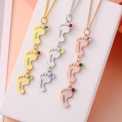 Silberne vertikale 1-10 Baby Feet Charms personalisierte Namenskette mit Geburtsstein