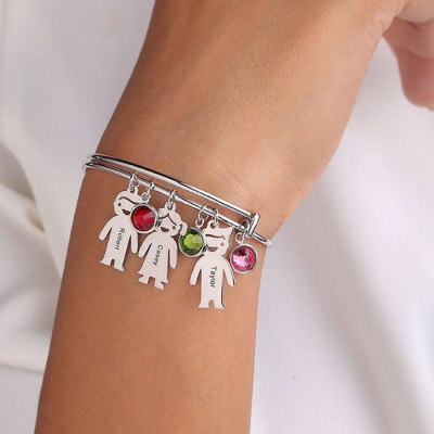 Silbernes benutzerdefiniertes 1-12 Charms Kinder graviertes Namensarmband Armreif mit Geburtsstein