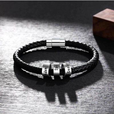 Personalisiertes Lederarmband mit schwarzer Gravur und 1-10 Perlen