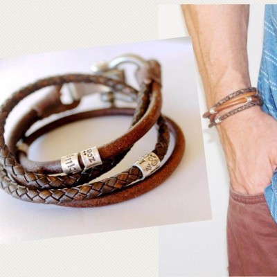 Herren personalisierte eingewickelte Namenslederarmbänder mit 1-10 Perlen