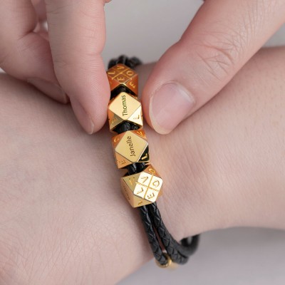 Geflochtenes Lederarmband für Herren mit 18 Karat Vergoldung mit polyedrischen kundenspezifischen Perlen