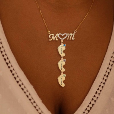 Personalisierte Mama BabyFeet Name Birthstones Halskette mit 1-10 Charms-Anhängern