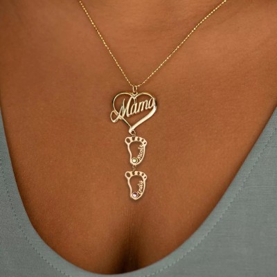 Personalisierte Mama Herz Anhänger Geburtssteine ​​Namenskette mit 1-10 hohlen BabyFeet Charms