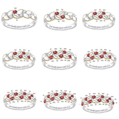 S925 Silber personalisierter Herz Geburtsstein Ring Familienring Geschenk mit 1-9 Namen