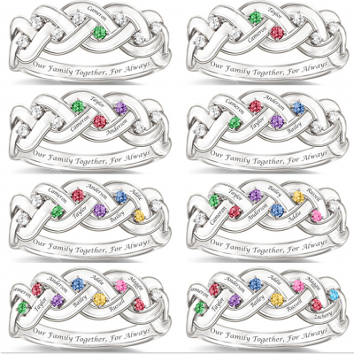 S925 Silber personalisierter gravierter 1-8 Familiennamen und Geburtsstein Ring für Muttertagsgeschenke