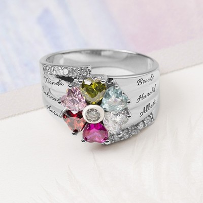 S925 Silber personalisierter gravierter herzförmiger Geburtssteinring mit 1–8 Namen