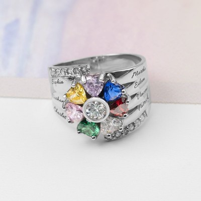 S925 Silber personalisierter gravierter herzförmiger Geburtssteinring mit 1–8 Namen