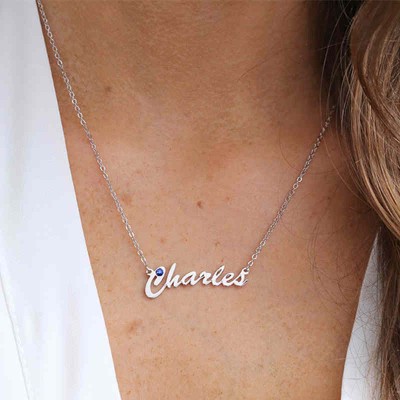 Silberne personalisierte Namenskette personalisierte "Carrie" Stil Namensgravurhalskette mit Geburtsstein