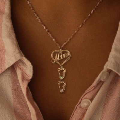 Personalisierte Mama Herz Anhänger Geburtssteine ​​Namenskette mit 1-10 hohlen BabyFeet Charms