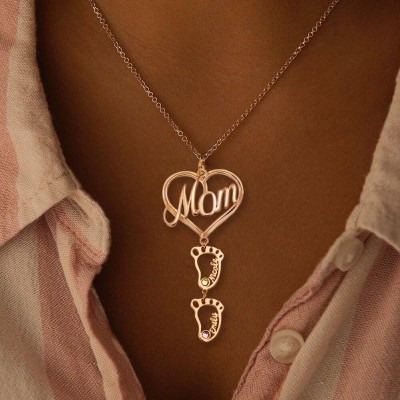Personalisierte MOM Herz Anhänger Geburtssteine ​​Namenskette mit 1-10 hohlen BabyFeet Charms