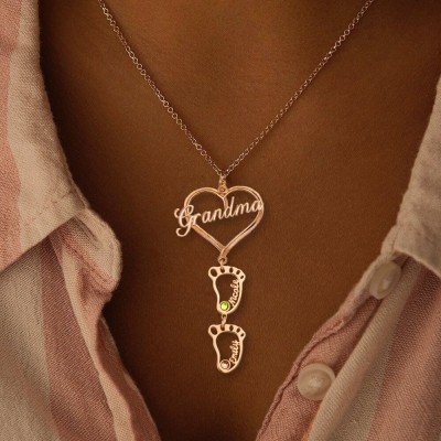 Silber Personalisierte Oma Herz Anhänger 1-10 Hohl BabyFeet Charm Geburtsstein Namenskette