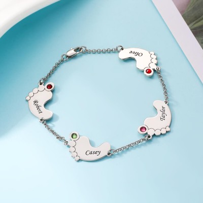 Personalisiertes Geburtsstein Baby Feet Namensarmband mit 1-4 Charms