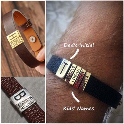 Personalisierte Lederarmbänder mit Namensgravur für Papa und Kinder