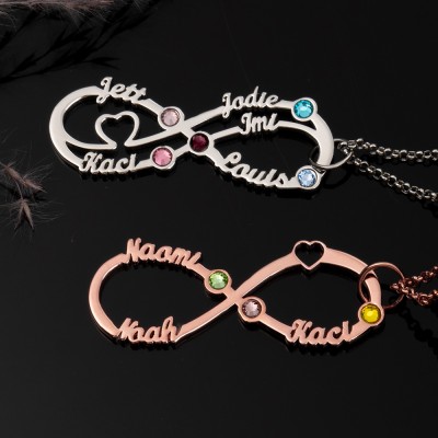 Personalisierte Unendlichkeitskette mit Namen und Geburtssteinen als Muttertagsgeschenk
