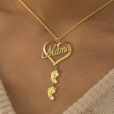 Personalisierte Mama Herz Baby Füße Anhänger Geburtsstein Namenskette mit 1-10 Charms