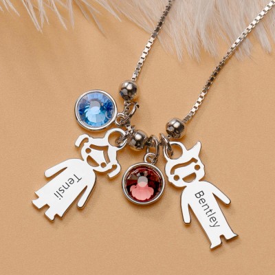 Silber Personalisierte 1-12 Kinder Charms Anhänger Namen Gravierte Halskette Mit Geburtsstein