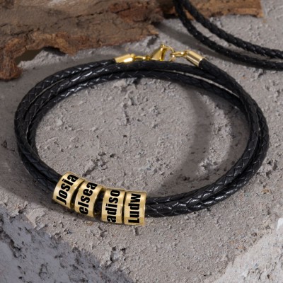 Personalisiertes schwarzes Lederarmband mit kleinen silbernen Perlen,Weihnachts-Geburtstagsgeschenk für Vater,Ehemann,Freund