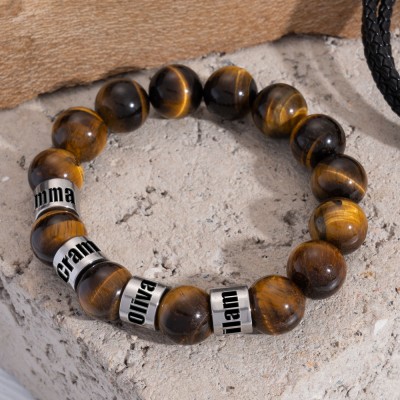 Tigerauge-Heilarmband mit individuellen Namensperlen, Weihnachts- und Geburtstagsgeschenk für Vater, Ehemann, Freund