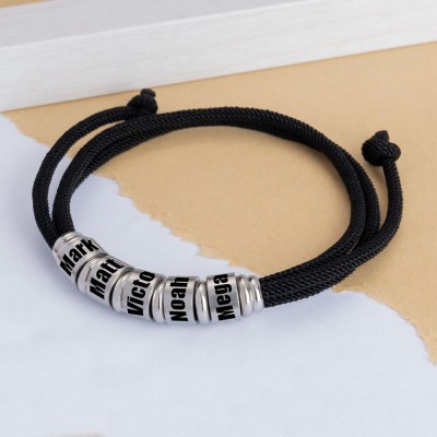 Verstellbares Armband aus schwarzer Kordel für Herren mit personalisierten Perlen, Weihnachts- und Geburtstagsgeschenk für Vater, Ehemann, Freund