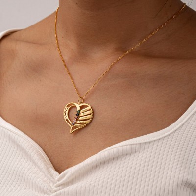 Personalisierte Herz-Liebes-Form 1-6 gravierte Namen und Geburtsstein-Halsketten