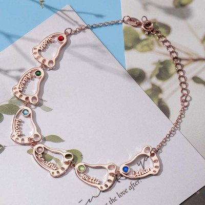 18 Karat Rosévergoldung Personalisiertes 1-10 Baby Fuß Namensarmband mit Geburtsstein