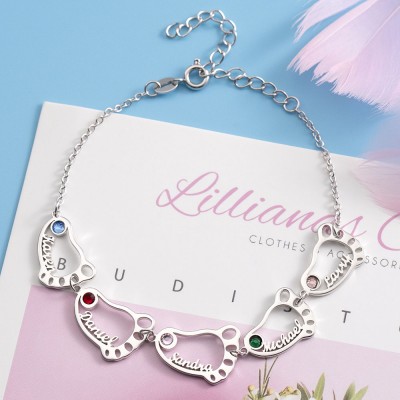 Silbernes benutzerdefiniertes 1-10 Baby Feet Name Graviertes Armband mit Geburtsstein