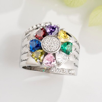 S925 Silber personalisierter gravierter herzförmiger Geburtssteinring mit 1–8 Namen