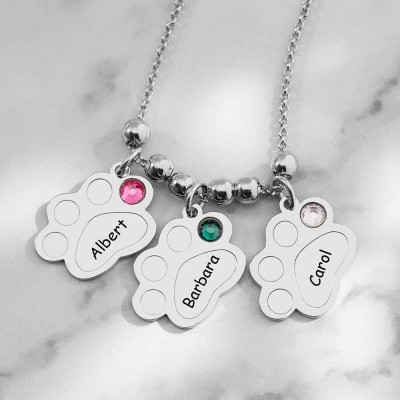 Namenskette mit mehreren Pfotenabdrücken und Geburtssteinen mit 1-5 Charms