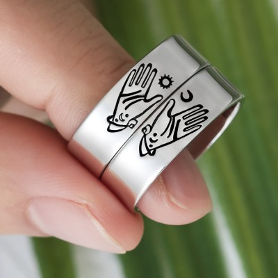 Personalisierter passender Ring Sonne und Mond magische Planeten Stapelring 2er Set