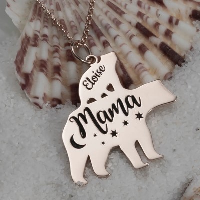 18 Karat Roségold überzogene personalisierte Mama Bär Halskette 1-8 Namen für Muttertagsgeschenk