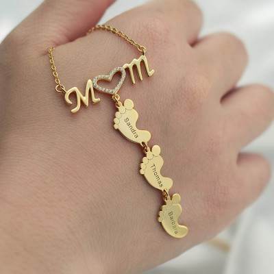 Personalisierte Mama Herz 1-8 Baby Füße Charms gravierte Namenskette